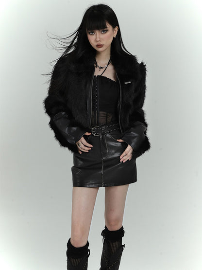 Black Zip Closure Shaggy PU Jacket