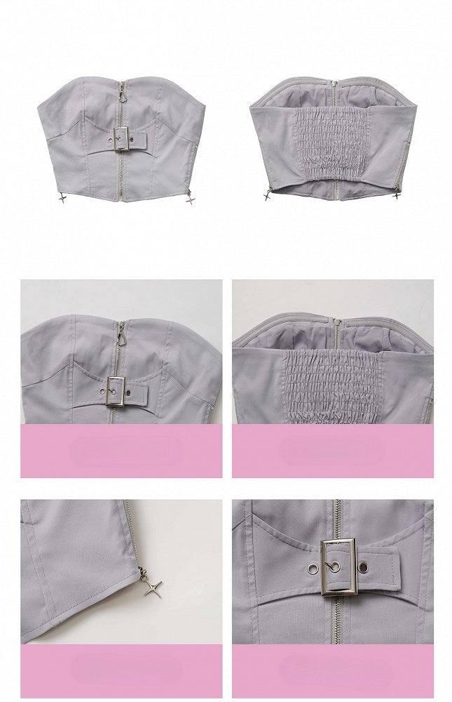 Gray Futuristic Zip and Buckle Strap Front Strapless Top