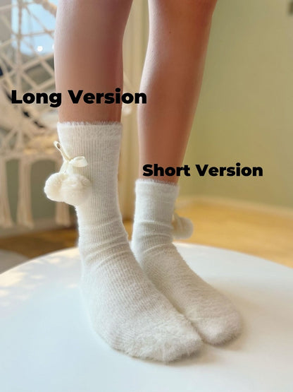 6 Options Red/White Bow Pompons Ankle/Calf Socks