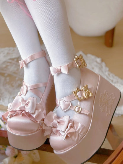 Pink Bear Buckle Straps Bowknot Platform Shoes with Bear Embroidery