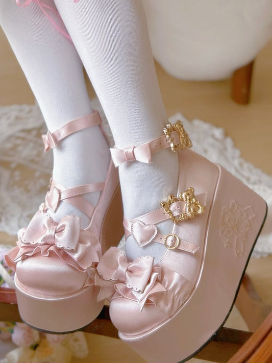 Pink Bear Buckle Straps Bowknot Platform Shoes with Bear Embroidery