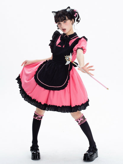 Pink and Black Kitty Maid Lolita Short Puff Sleeves Dress + Black Apron