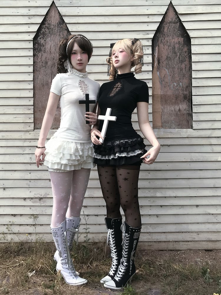 Gothic Black/White Mock Neck Coffin-Shaped Cutout T-Shirt