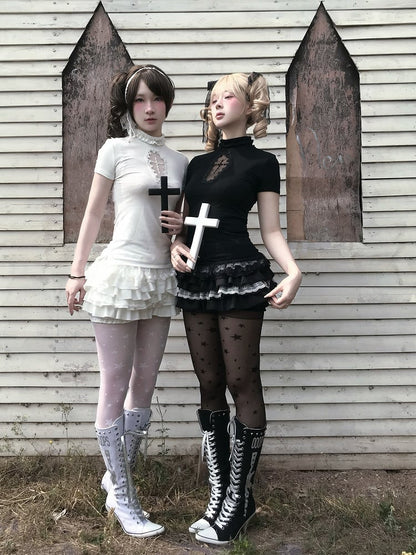 Gothic Black/White Mock Neck Coffin-Shaped Cutout T-Shirt