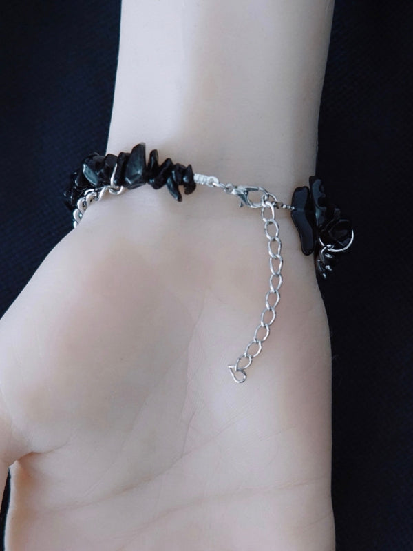 Silver&Black Gothic Bird Bone Charm Crushed Stone Bracelet