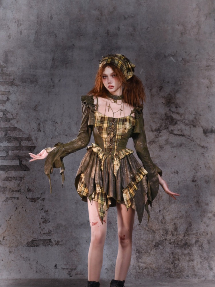 Green Plaid Handkerchief Hem Cami Dress with Lace-up Detail at Front