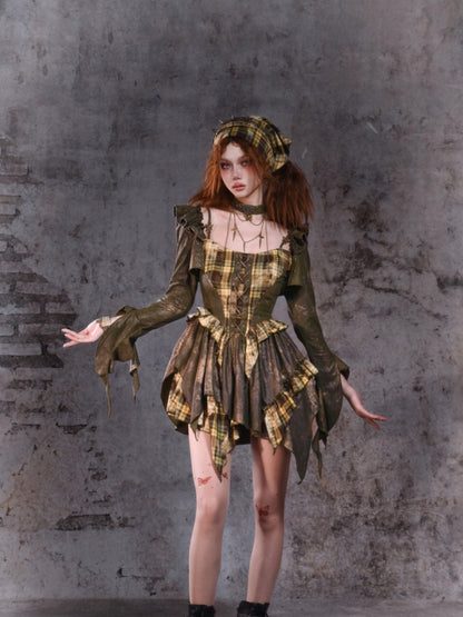 Green Plaid Handkerchief Hem Cami Dress with Lace-up Detail at Front