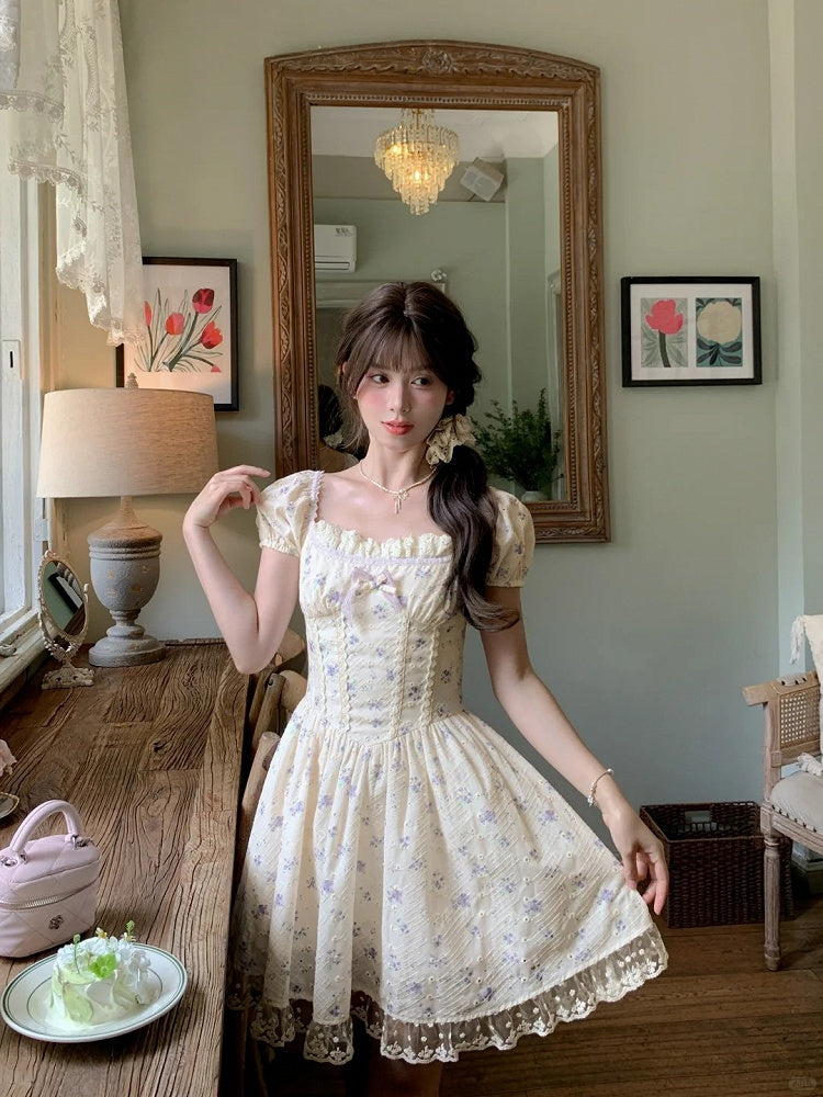 Beige Square Neckline and Short Puff Sleeves Mori Kei Floral Dress