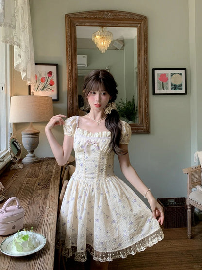 Beige Square Neckline and Short Puff Sleeves Mori Kei Floral Dress