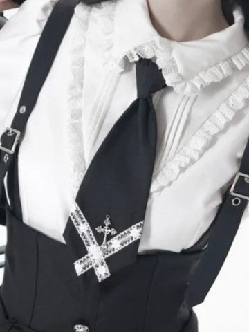 Black/Gray Pre-Tied Lace Cross Necktie with Metal Cross Accent