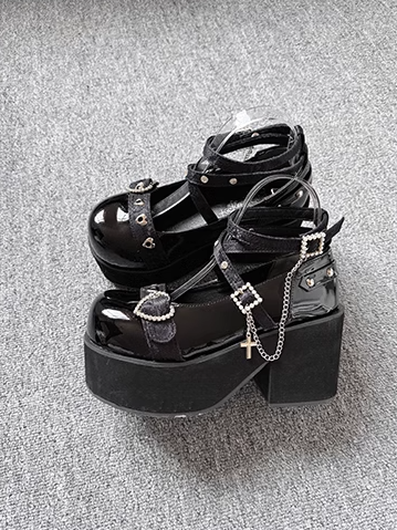 Rhinestoned Heart Design Black Jirai Kei Buckle Ankle Strap Platforms with Cross Chain