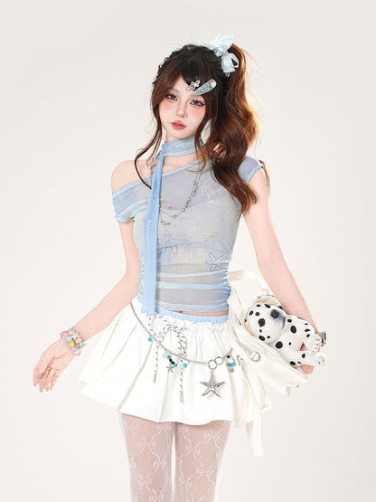 Starfish and Shell Print Asymmetrical Neckline Blue Semi-sheer T-shirt with Free Scarf