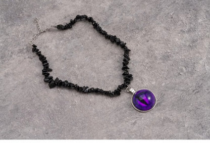 Purple Demon Eye Pendant Gothic Black Crushed Stone Necklace