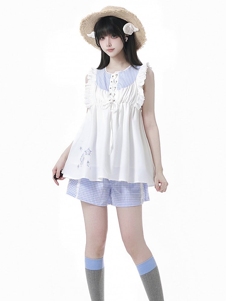 Seashell and Starfish Embroidery White and Blue Plaid Lace-up Front Flutter Sleeves Top