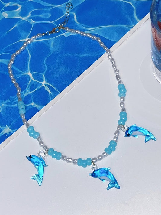 Blue Y2K Dolphin Pendant Beaded Necklace