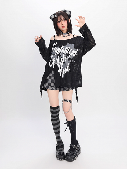 Y2K Off-the-shoulder Neckline Slit Hem Black/White Graphic Coverup