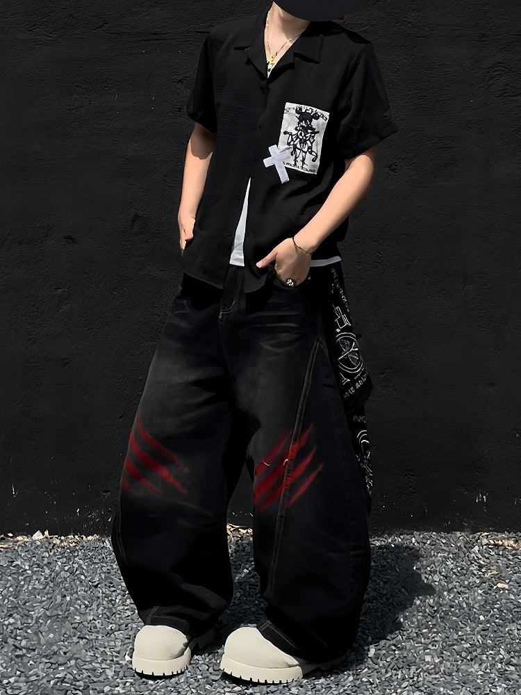 Punk Applique Black/White Notched Collar Short Sleeves Shirt