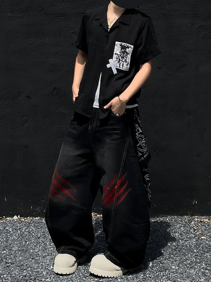 Punk Applique Black/White Notched Collar Short Sleeves Shirt