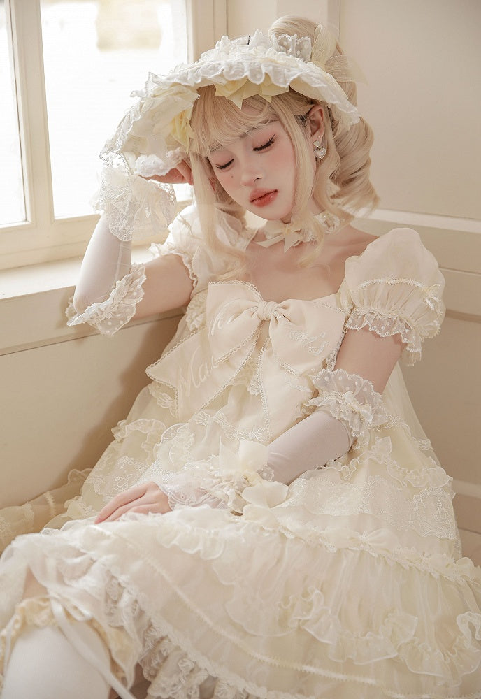 Embroidered Big Bow Neckline Creamy White Short Puff Sleeves Lolita Dress