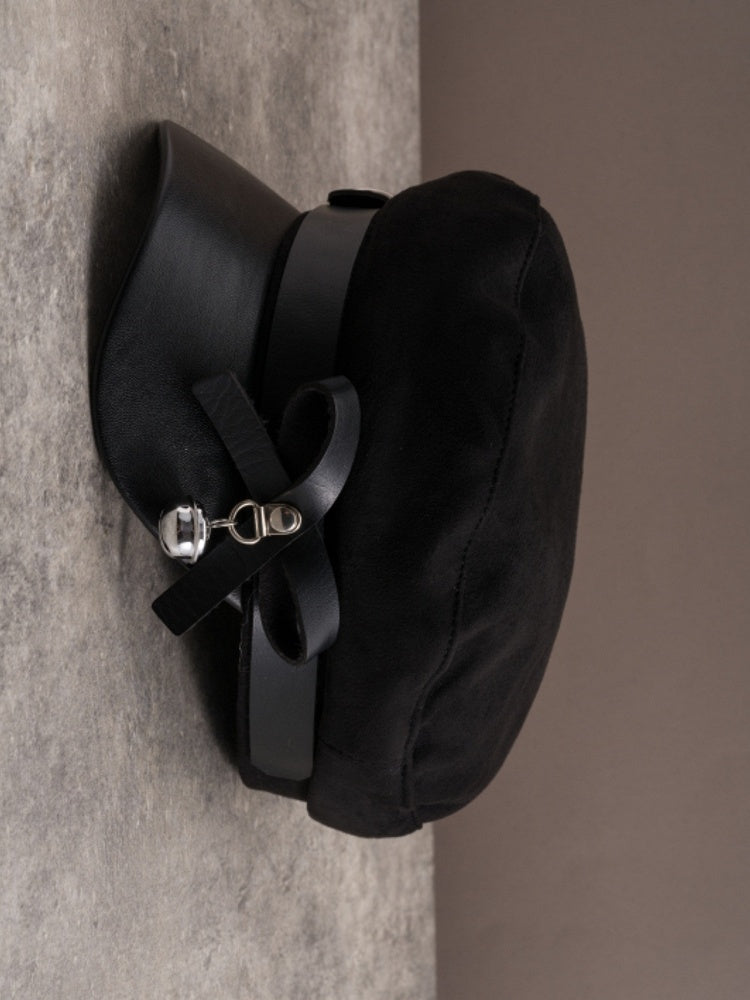 Black Gothic Bell Charm Bowknot Decorated Buckle Design Beret Hat