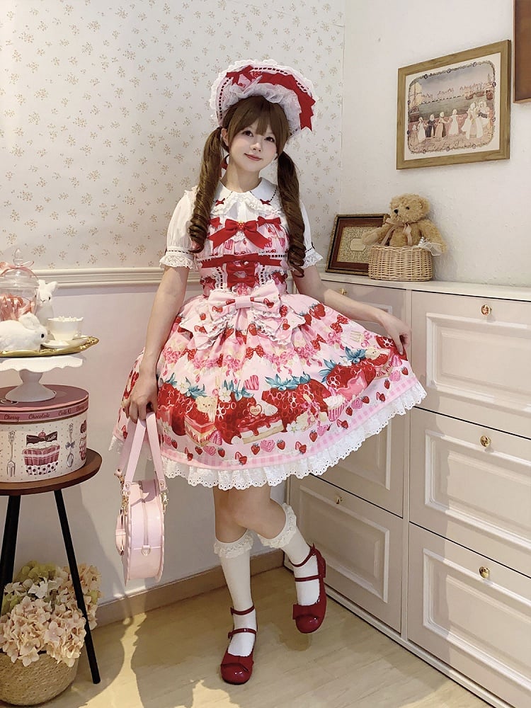 Strawberry and Dessert Print Pink Sweet Lolita Dress