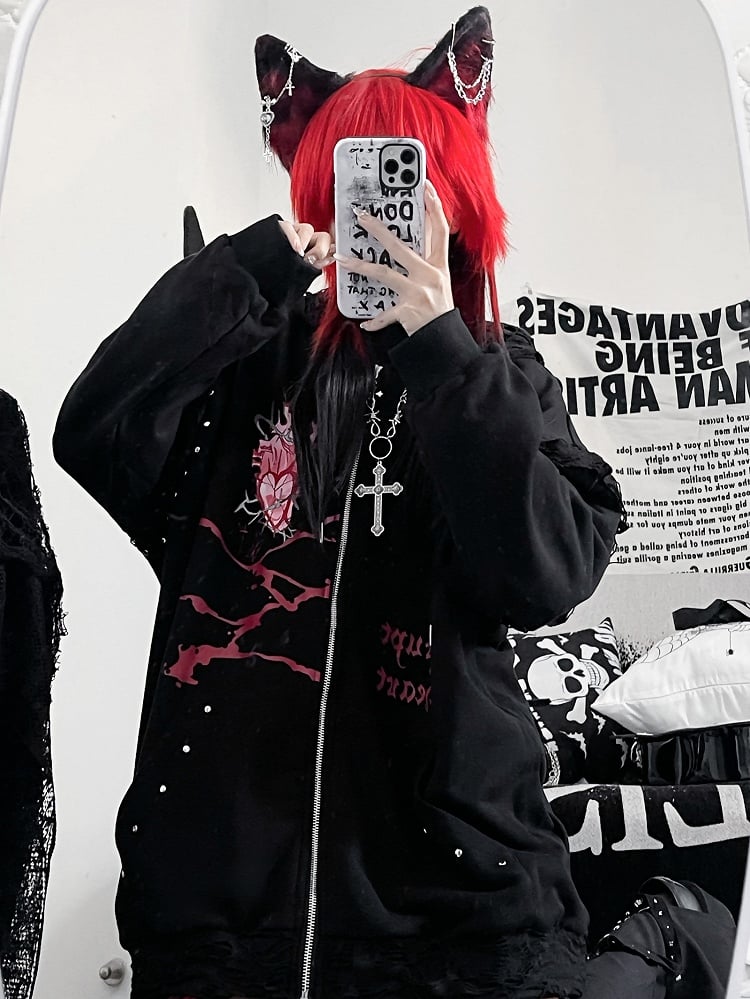 Black Guro Kawaii Heart And Letter Print Studs Decorated Cat Ear Zip-up Hoodie