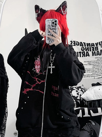 Black Guro Kawaii Heart And Letter Print Studs Decorated Cat Ear Zip-up Hoodie