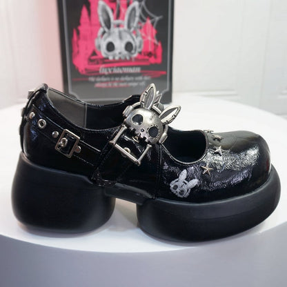 Studs Crack Black Platform Mary Janes with Skeleton Rabbit Buckles