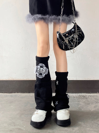 Cross Skulls Sequin Stars Details Leg Warmers Black/Red/White