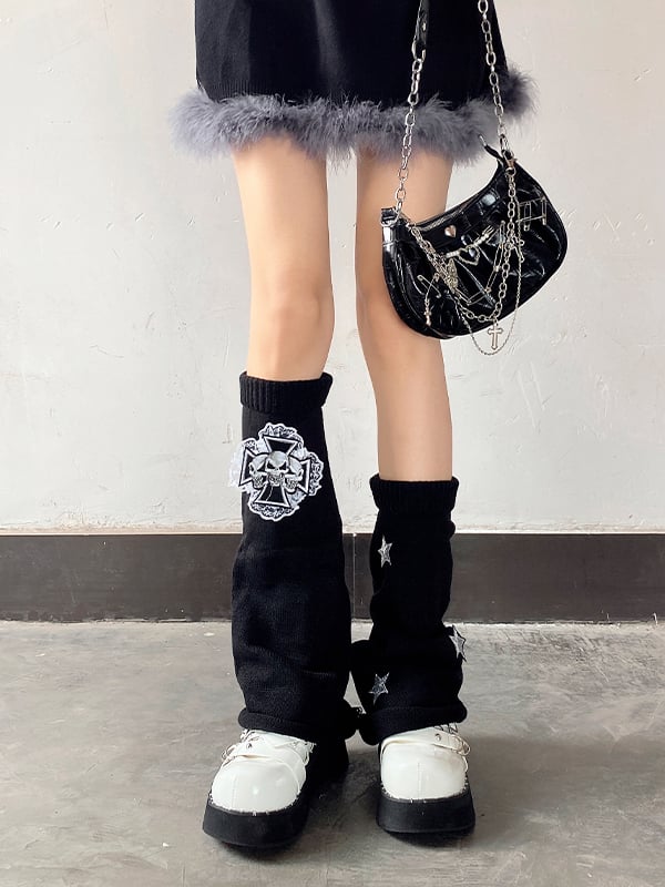 Cross Skulls Sequin Stars Details Leg Warmers Black/Red/White