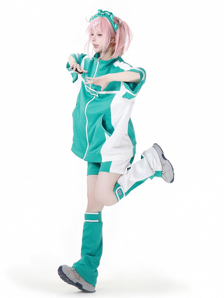 Green & White Colorblock Design Leg Warmers