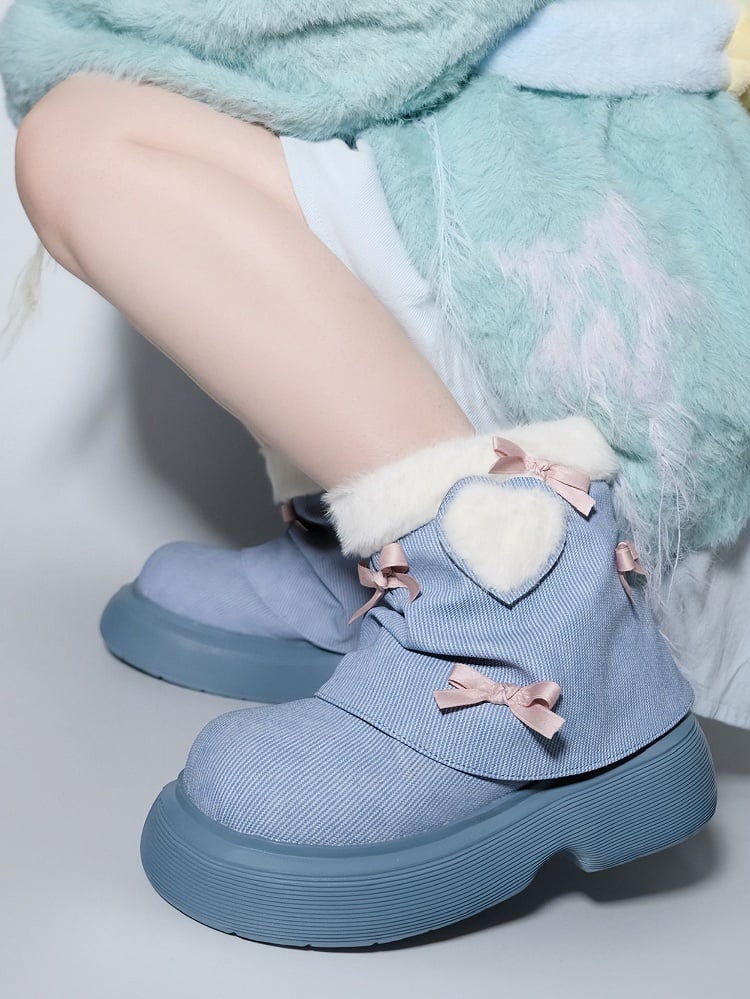 Bow Accents Denim Blue Sweet Winter Boots
