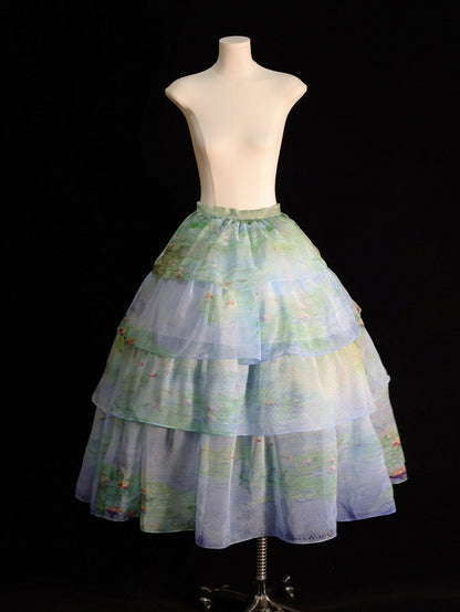 Sky Blue/Light Pink/Purple/Green Oil Painting Print Organza Tiered Skirt