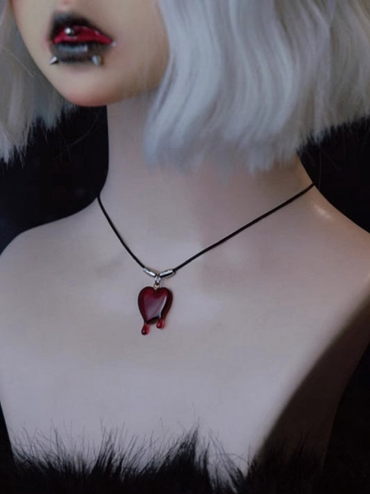 Gothic Red Heart Pendant Black Necklace