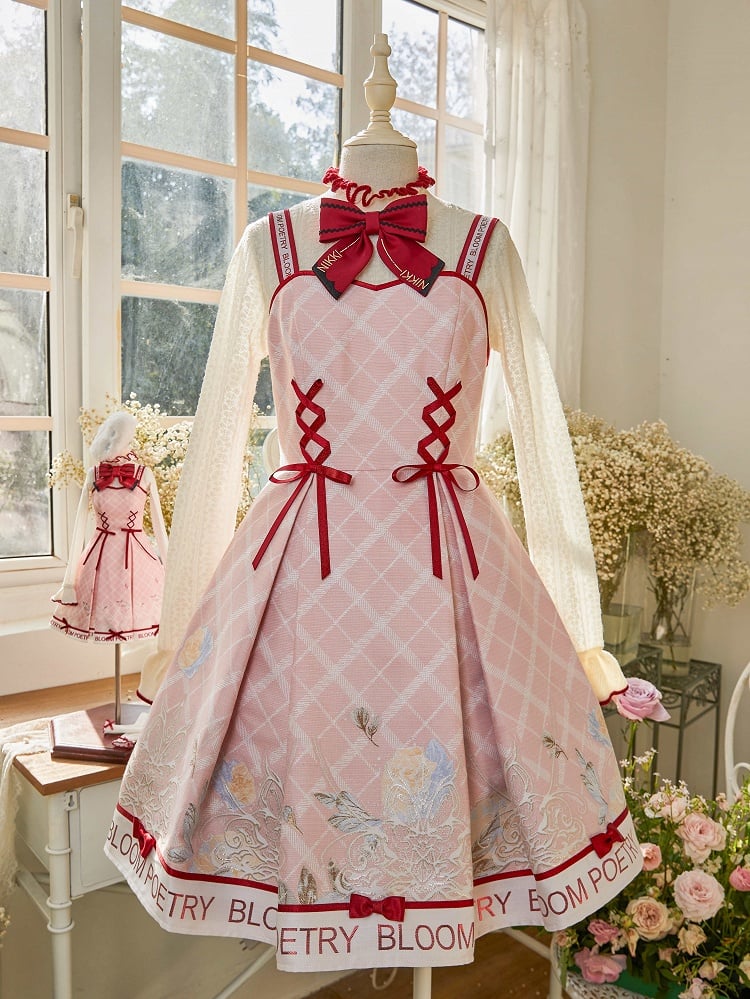 Pink and Red Trimming Lace-up Front Lolita Jumper Skirt