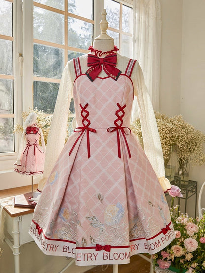 Pink and Red Trimming Lace-up Front Lolita Jumper Skirt