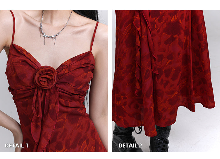 Red Sweetheart Neckline Cascading Ruffle Floral Cami Dress