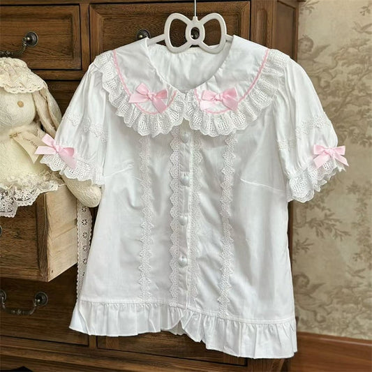 Pink Bows White Round Flat Collar Short Sleeves Lolita Blouse