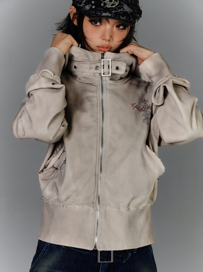 Wasteland Punk Apricot Buckle Strap Distressed Zip Closure Hoodie