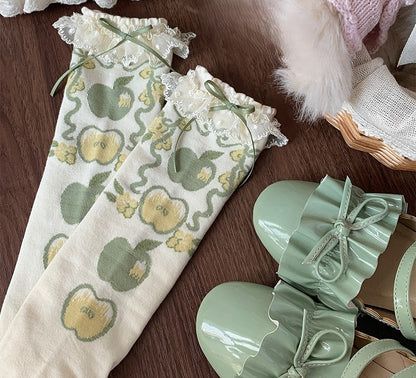 Green/Red Apple Print Lace Trim Sweet Lolita Calf Socks