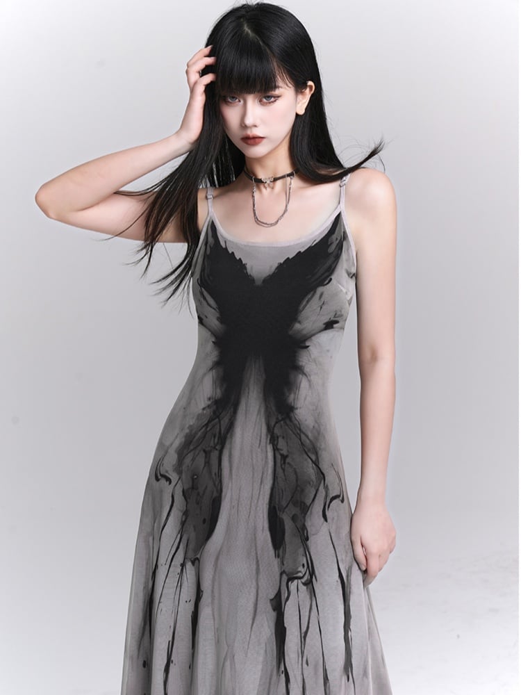 Gothic Gray Butterfly Print Slim-fitting Slip Dress