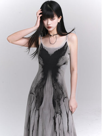 Gothic Gray Butterfly Print Slim-fitting Slip Dress