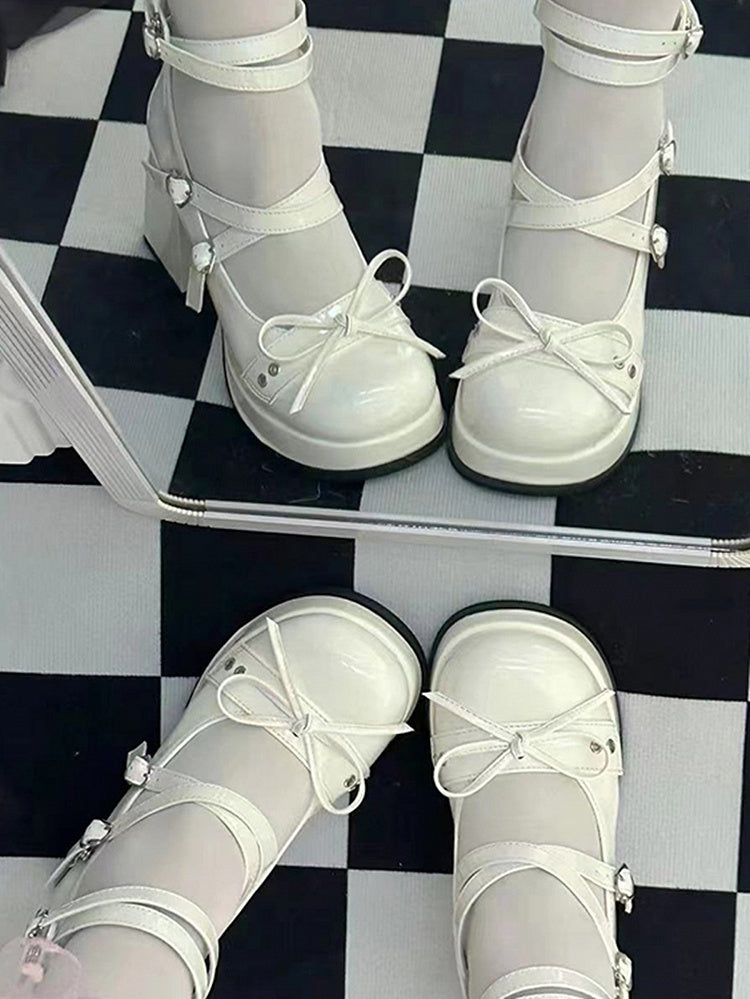 Bowknot at Top White High Block Heel Platform Mary Janes