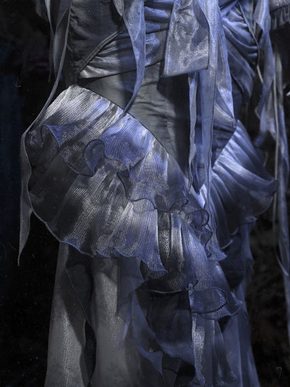 Dusty Blue Tie Dye Design Ruffle Flounce Knees Corpse Bride Goth Mermaid Skirt