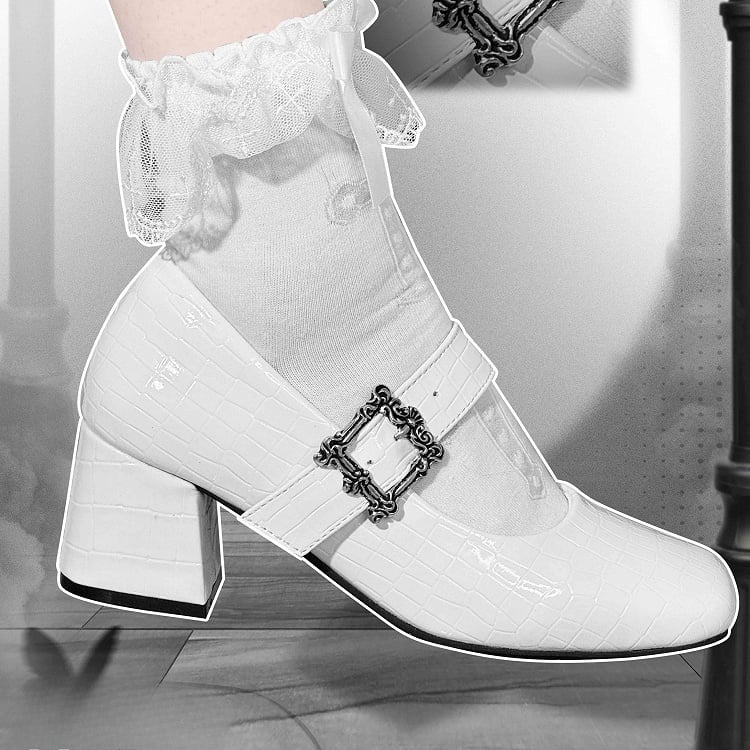 Polished White 6CM Block Heels Mary Janes