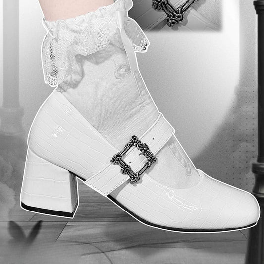 Polished White 6CM Block Heels Mary Janes