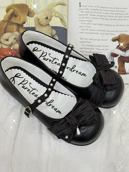 Matte Black Beaded Decorated Bow at Top Heart Buckle Round Toe Lolita Shoes