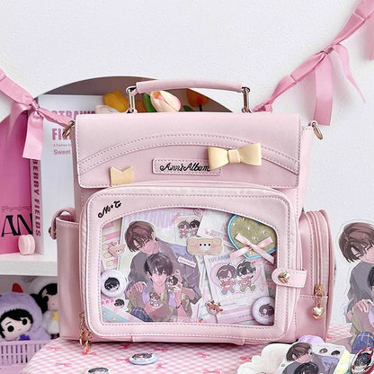 Pink 2-Way Ita Bag With Transparent Window And Bow Decoration