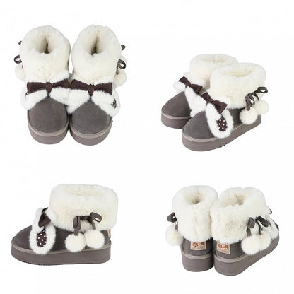 Plush Bunny Ear Decor, Fleece Lining & Pompom Decor Straps Gray Winter Boots in Sweet Lolita