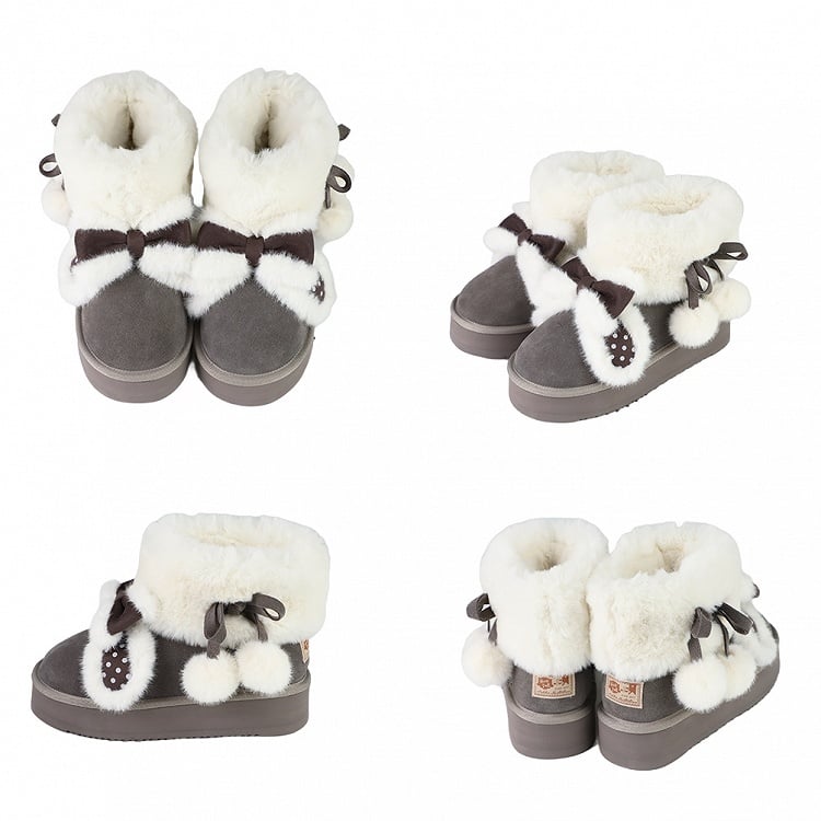 Plush Bunny Ear Decor, Fleece Lining & Pompom Decor Straps Gray Winter Boots in Sweet Lolita